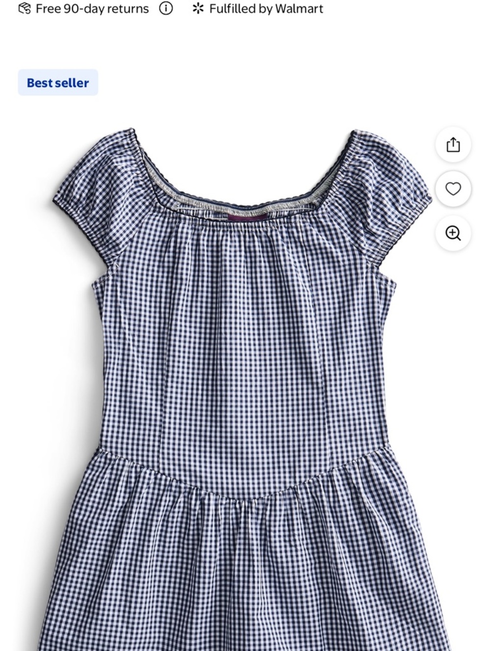Girls Navy Gingham Off-Shoulder Casual Dress